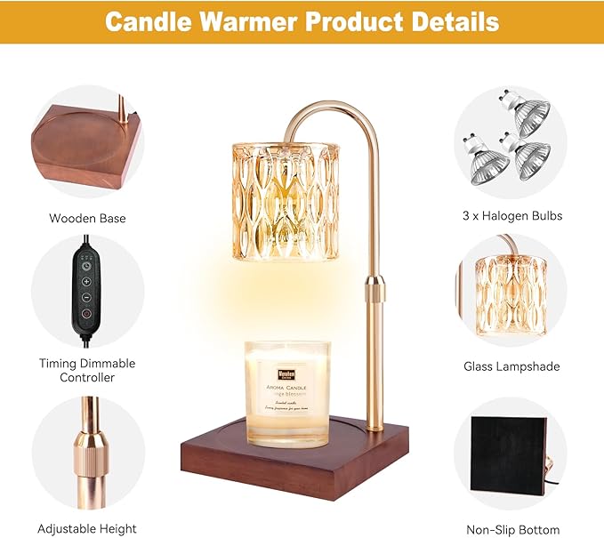 Candle Warmer Lamp, Candle Warmer Light with Timer & Dimmer, Candle Warmer Lamp Adjustable Height, Compatible with Jar Scented Candles, Candle Warming Lamp with 3 Bulbs for Home Decor