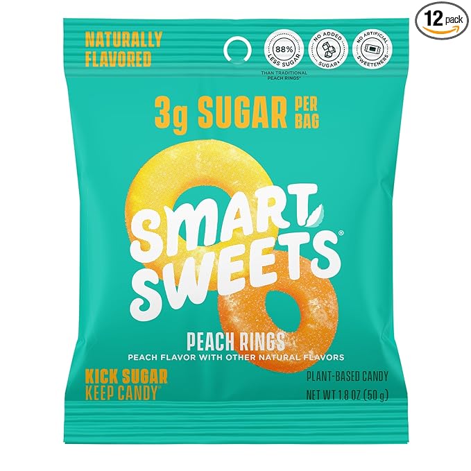 SmartSweets Peach Rings, Low Sugar Gummy Candy (3g), Low Calorie (130), Gluten-Free -1.8oz (Pack of 12) Packaging may vary
