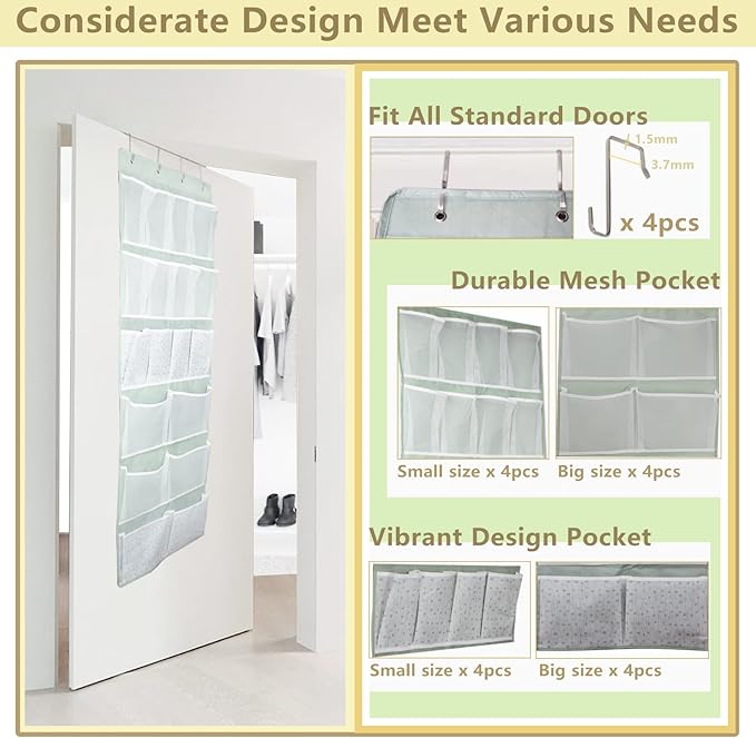 18 Pocekts Over the Door Shoes Organizer,Behind Door Hanging Storage Pocekt for Sock,Underwear,Hat,Handbag,Back of Door Hanging Shelf for Bedroom,Bathroom,Entryway,Storeroom,Pantry,Dorm,Nursery,2 Pack
