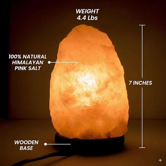POHS 7 Inches,4-5 lbs, 100% Authentic Natural Himalayan Pink Salt Lamp, Hand Crafted Wooden Base, with on & Off Switch