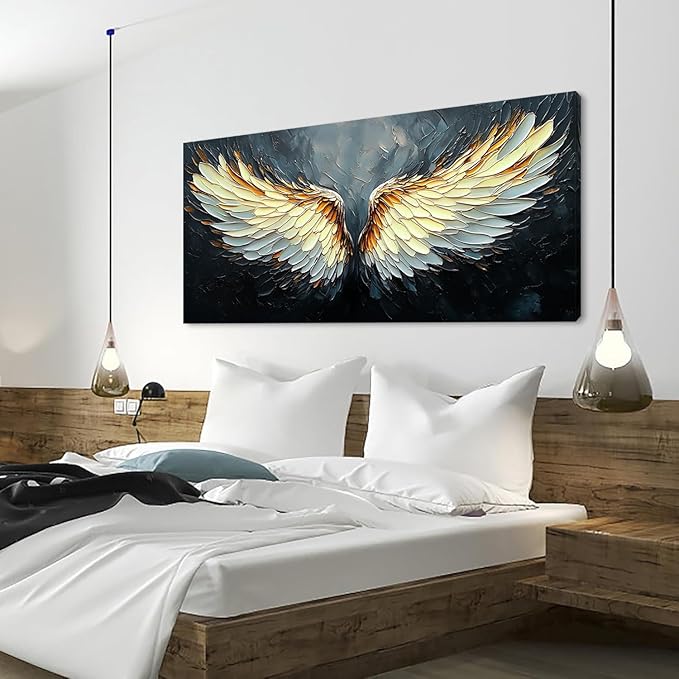 ZESTRILIA Angel Wings Wall Art for Girls Room Gold Gray Canvas Oil Painting Prints Modern Abstract Fantasy Anime Artwork Living Bedroom Office Decor Extra Large (58x28 Inches)