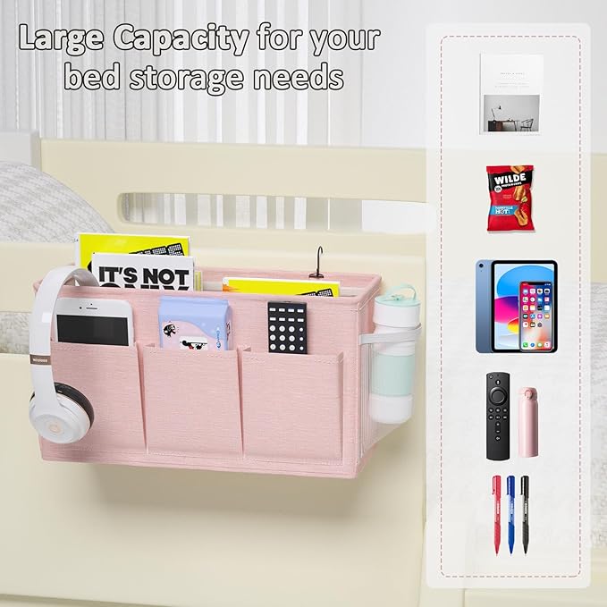 Dual-purpose Bedside Caddy Bedside Organizer, Bed Caddy with 6 Pockets, Versatile Bedside Storage Solution Magazine Remotes holder, ideal for Home, Dorm, Hospital, Crib Bed (Pink 2pcs)