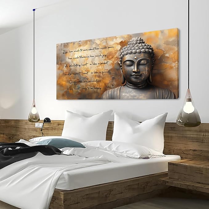 ZESTRILIA Zen Buddha Wall Art for Living Room Office Tan Brown Buda Life Quotes Canvas Painting Prints Calming Buddhist Artwork Family Bedroom Decor Extra Large (58x28 Inches)