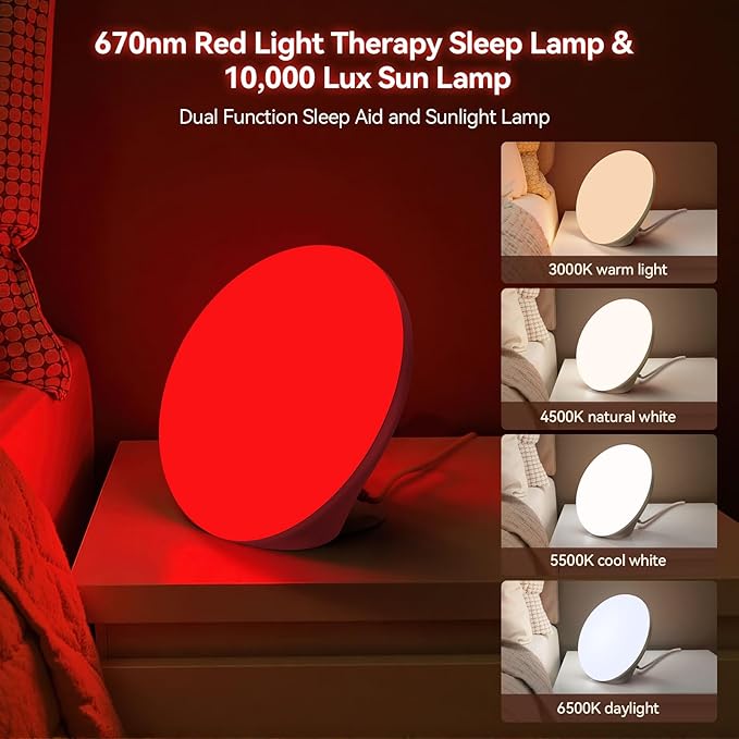 670nm Red Light Therapy Sleep Device & 10,000 Lux Sun Lamp – Dual Function Sleep Aid and Sunlight Lamp, Red Night Light Lamp to Support Deep Relaxation and Improve Sleeping for Adult & Kid Bedroom