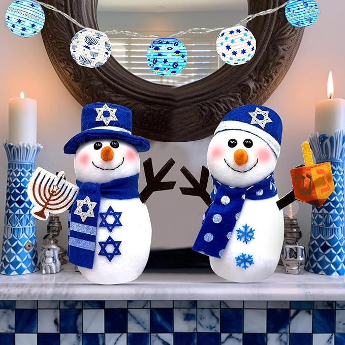 TURNMEON Hanukkah Decorations - 2 Pack Chanukah Plush Snowman Doll Hold Menorah & Dreidel,Hanukkah Gnomes Home Indoor Holiday Party Decor Chanukah Ornaments Table Hanukkah Gift Idea