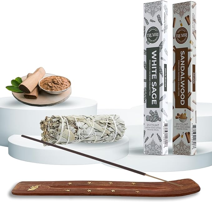 Trumiri Incense Sticks - Combo Pack of 40 Insence-Sticks - 20 White Sage + 20 Sandalwood - Insenses - Insents - Incents - Inscense - Incence - Incienso - All Natural Incense Sticks