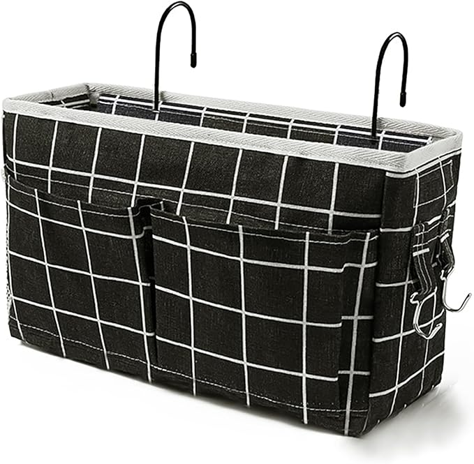 Bedside Caddy Bedside Hanging Storage Basket Multi-Function Organizer Caddy for Bunk and Hospital Beds Dorm Rooms Bed Rails, Can be Placed Glasses Books Mobile Phones(Black Grid)