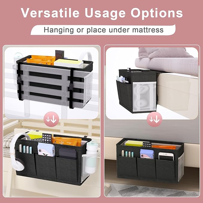 Dual-purpose Bedside Caddy Bedside Organizer, Bed Caddy with 6 Pockets, Versatile Bedside Storage Solution Magazine Remotes holder, ideal for Home, Dorm, Hospital, Crib Bed (Black)