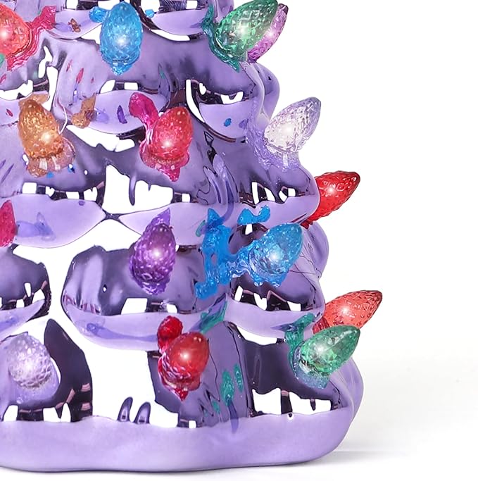 Milltown Merchants Ceramic Christmas Tree Night Light - Plug-in Vintage Tree with Lights - Mini Decorative Night Light (Pearl Violet)