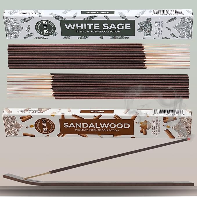 Trumiri Incense Sticks - Combo Pack of 40 Insence-Sticks - 20 White Sage + 20 Sandalwood - Insenses - Insents - Incents - Inscense - Incence - Incienso - All Natural Incense Sticks