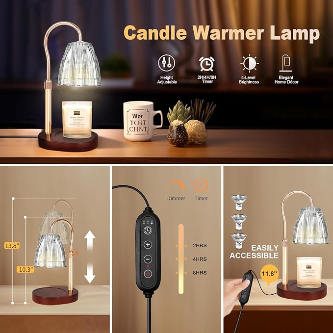 Candle Warmer Lamp with Timer & Dimmer, Candle Warmer Height Adjustable, Fits All Jar Scented Candles, Candle Lamp with 3 Bulbs, Charming Gift for Home Decor