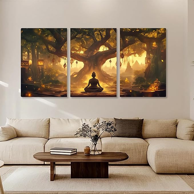 WithHope 3 Piece Buddha Canvas Wall Art, Buddha Home Decor, Buddhist Decorations, Zen Canvas Wall Art, Tree of Life Artwork, Zen Decorations, Modern Painting, Living Room Decor (12" x 18" x 3 pcs)