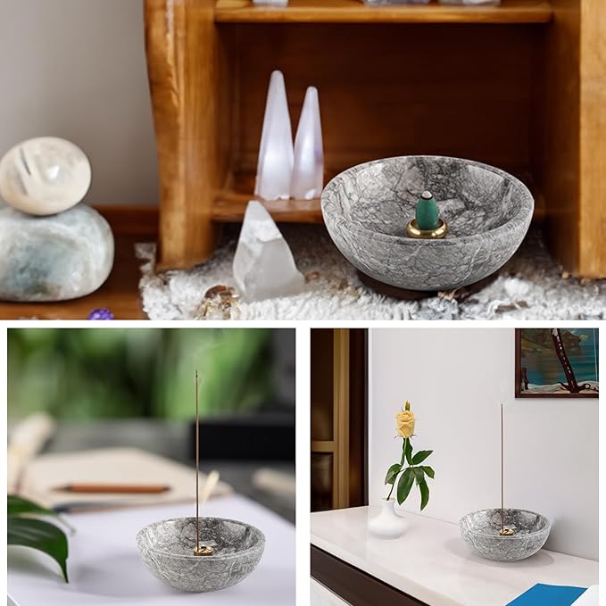 Koville Moroccan Natural Marble Incense Holder, Incense Holders for Sticks, Sturdy Incense Burner Ash Catcher, Ideal for Meditation, Relaxing, Easy to Clean(Gris Lido)