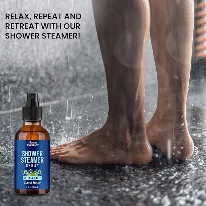 Breathe Shower Steamer Spray 2 fl oz - Aromatherapy Mist with Rosemary, Peppermint, Eucalyptus Essential Oil Blend - Refreshing Spa at Home Steam Spray - Nexon Botanics