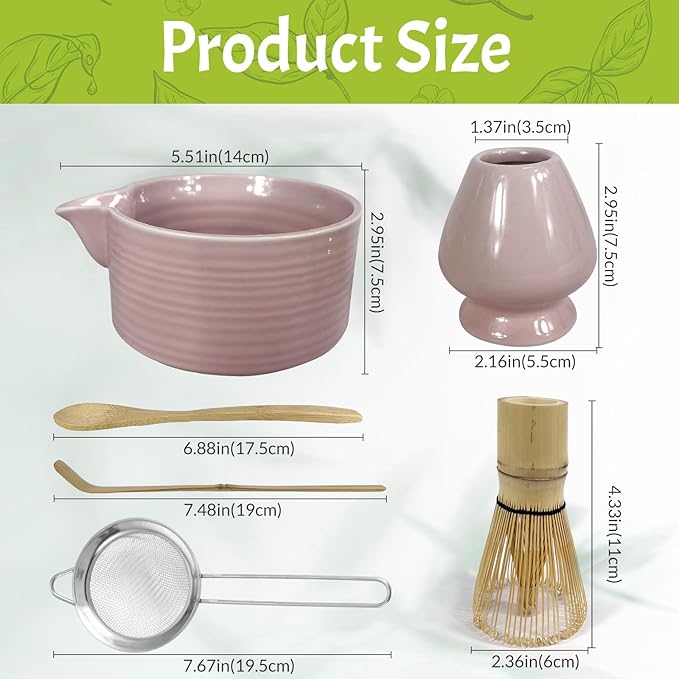 Matcha Whisk Set 6 pc Kit - Traditional Japanese Chasen, Bamboo Whisk Holder, Ceramic Bowl with Spout, Sifter & 2 pc Spoons - matcha kit set, Gift for Matcha Tea Lovers(Pink)