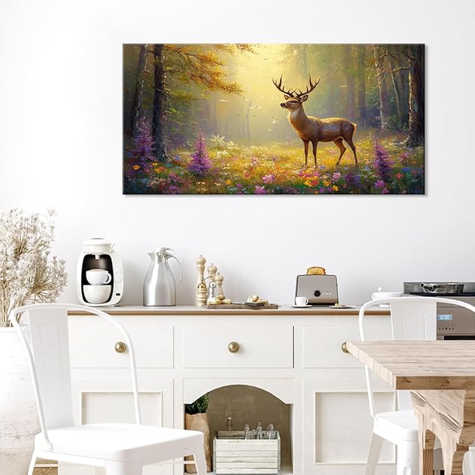 ZESTRILIA Pretty Deer Forest Wall Art for Living Room Office Gold Mustard Yellow Wildlife Wildflower Canvas Painting Prints Spring Wild Life Artwork Girls Bedroom Decor Large (46x23 Inches)