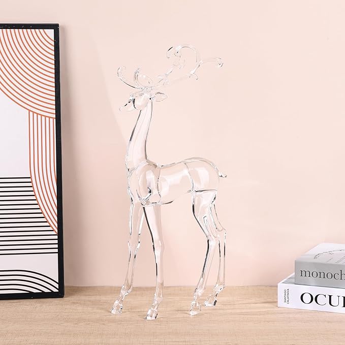 18" Tall Acrylic Christmas Reindeer Figurine - Elegant Clear Large Reindeer Ornaments for Christmas Indoor Decor, Holiday Centerpiece, Living Room, Fireplace, Table Display (Clear Standing Reindeer)