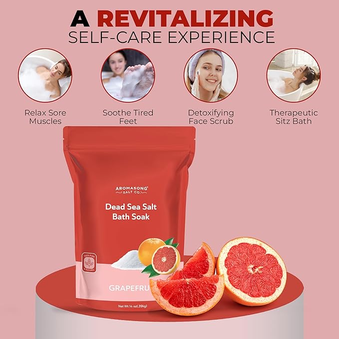 Aromasong Dead Sea Salt - Fine Grain Spa Salt Grapefruit Scent 14 Oz โ 7 Uses Per Pack - Pure & Natural - Used for Body wash Scrub - Soak for Women & Men for Skin Issues and to Relax Tired Muscles