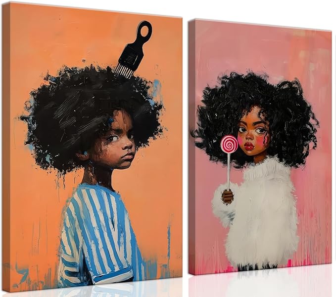 Black Kids Wall Art - Afro American Children Canvas Prints, Modern African American Portrait Paintings for Girls Bedroom, Cute Black Girl Nursery Art, Cultural Wall Decor, Framed12 x 16inches X2piece