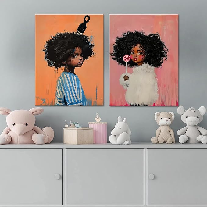 Black Kids Wall Art - Afro American Children Canvas Prints, Modern African American Portrait Paintings for Girls Bedroom, Cute Black Girl Nursery Art, Cultural Wall Decor, Framed16 x 24inches X2piece