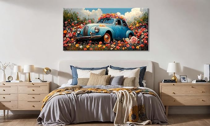 ZESTRILIA Car Wall Art Flower Canvas Paintings Old Shabby Garden Floral Artwork Rustic Landscape Picture for Country Farmhouse Living Room Bedroom Home Office Kitchen Décor (23x46inch)
