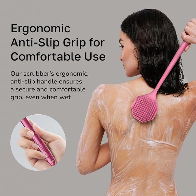Silicone Back Scrubber with Long Handle - Octagon Body Brush for Shower, Bath, and Exfoliating - Skin Cleansing, Back Scrub and Gentle Silicone Sponge - Wash Your Body with Easy Reach - Pink