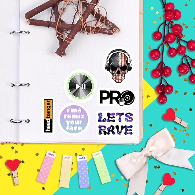 BulbaCraft 100Pcs DJ Stickers for Water Bottle and Laptop - DJ Party Favors & Decorations, Waterproof Vinyl Decals, Music and Turntable Stickers, Gifts for Women & Men