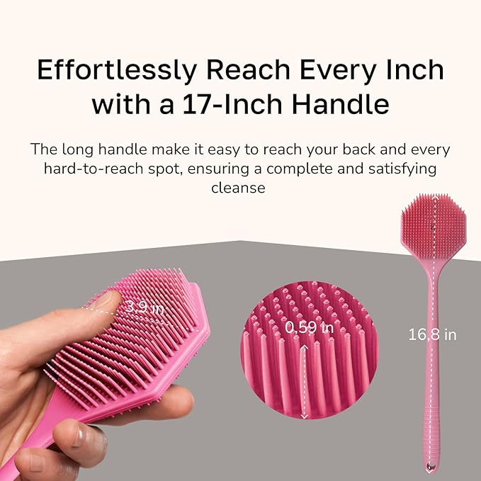 Silicone Back Scrubber with Long Handle - Octagon Body Brush for Shower, Bath, and Exfoliating - Skin Cleansing, Back Scrub and Gentle Silicone Sponge - Wash Your Body with Easy Reach - Pink