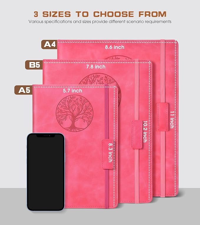 Lined Journal Notebook for Women Men,256 Pages A4 Large Hardcover Leather Journals for Writing,Travel,Business,Work,School,College Ruled Notebooks for Note Taking,Diary Notepad 8.6"×11" (pink)