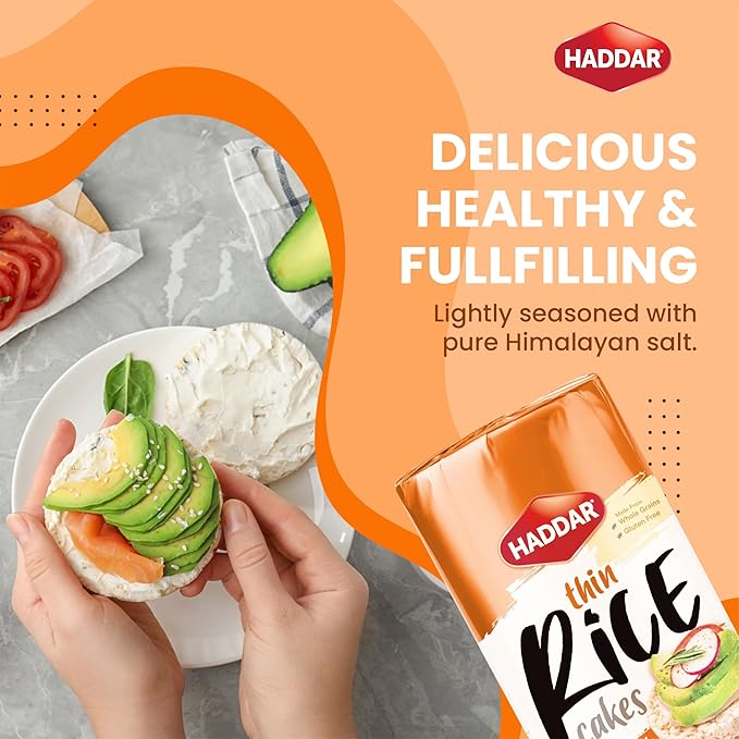 Haddar Wholegrain Thin Rice Cakes with Himalayan Sea Salt, 4.2oz (3 Pack) | Gluten Free | Made With Whole Grain Brown Rice | Vegan | Non GMO | Low Calorie | Zero Sugar | Kosher