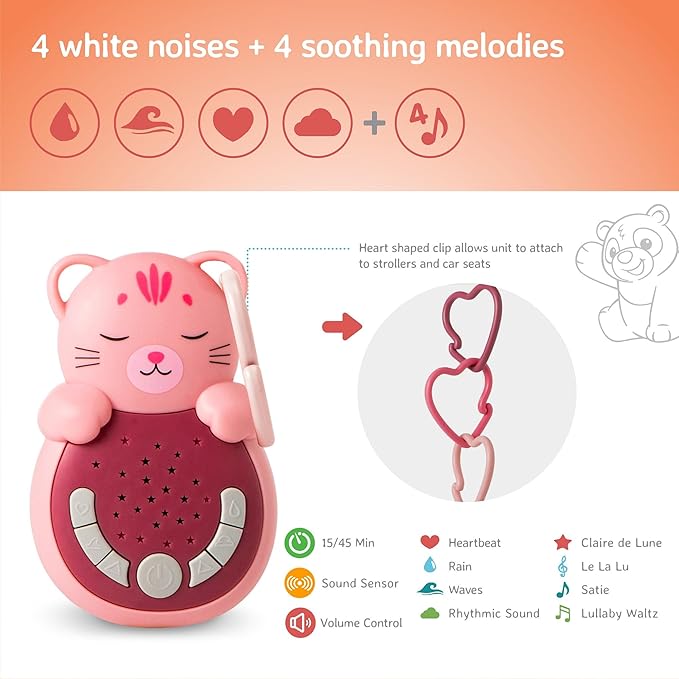 Cloud b Travel Comforting Sound Machine w/Calming Light | 4 White Noise and 4 Lullabies | Re-Activating Smart Sensor | Sweet Dreamz On The Go™ - Cat