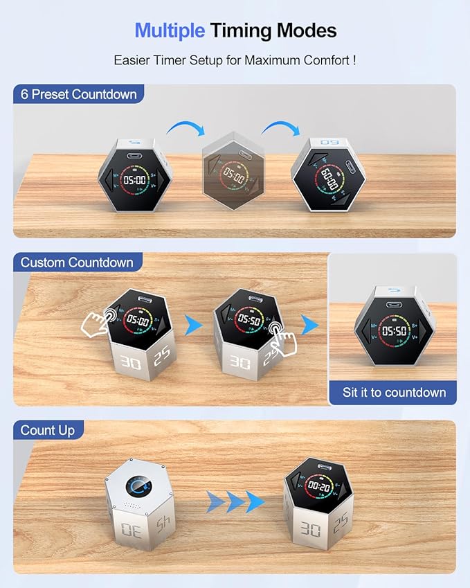 Ticktime Pomodoro Timer Cube, Hexagon Productivity Timer, Pause & Resume, Silent, Vibrate & Adjustable Sound Alert, for ADHD, Task, Work, Study, 5/15/25/30/45/60min & Custom Countdown, Silver