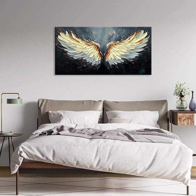 ZESTRILIA Angel Wings Wall Art for Girls Room Gold Gray Canvas Oil Painting Prints Modern Abstract Fantasy Anime Artwork Living Bedroom Office Decor (30x16 Inches)