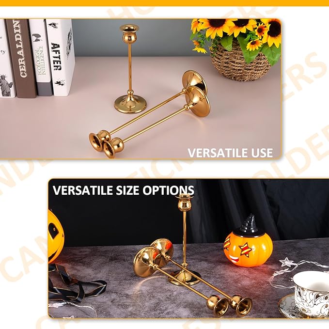 Taper Candle Holder Tall Vintage Metal Candlestick Holders Candle Stick Candelabra for Halloween Thanksgiving Christmas Holiday Wedding (Gold, 1 Set (3 pcs))
