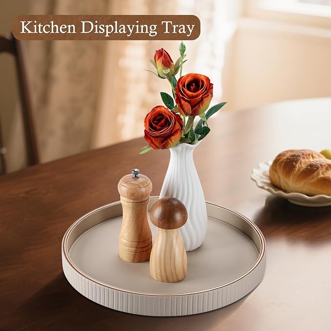 GORESE Round Decorative Tray for Coffee Table Decor, 12" PU Leather Serving tray Table Centerpiece Home Decor, Desk Valet Tray for Trinket Jewelry Perfume Key, Ottoman Tray Nightstand Organizer, Biege