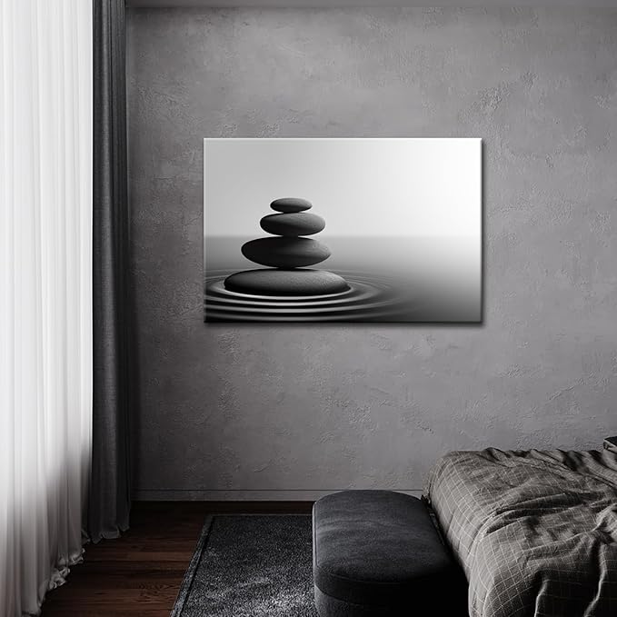 GLOKAKA Zen Stone Wall Art Black and White Yoga Spa Relaxing Meditation Canvas Print Artwork Stones in Water Picture for Bathroom Living Room Bedroom Wall Decorations