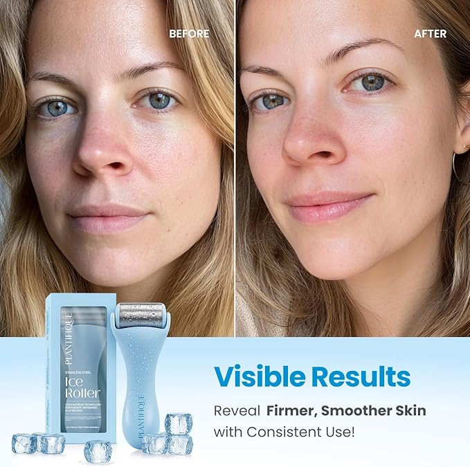 PLANTIFIQUE Facial Ice Roller - Puffiness Cryotherapy Skin Care Massage Tool - Stainless Steel Roller for Men & Women - Metal Massager for Face, Eyes and Body