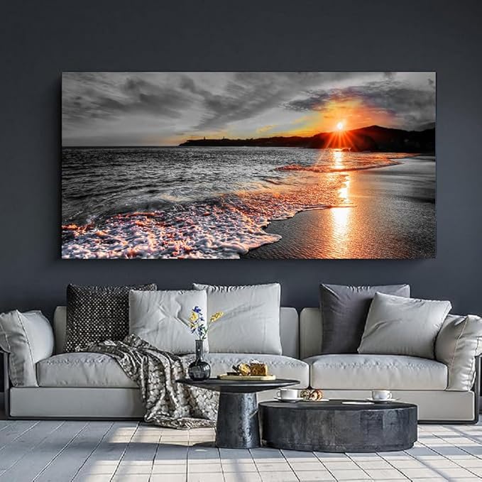Yxbhhym-Large Canvas Wall Art Living Room Black and White Beach Wall Decor for Bedroom Landscape Ocean Room Decor Sea Sunset Paintings Seascape Prints Art Office Artwork Morden Framed Decorations