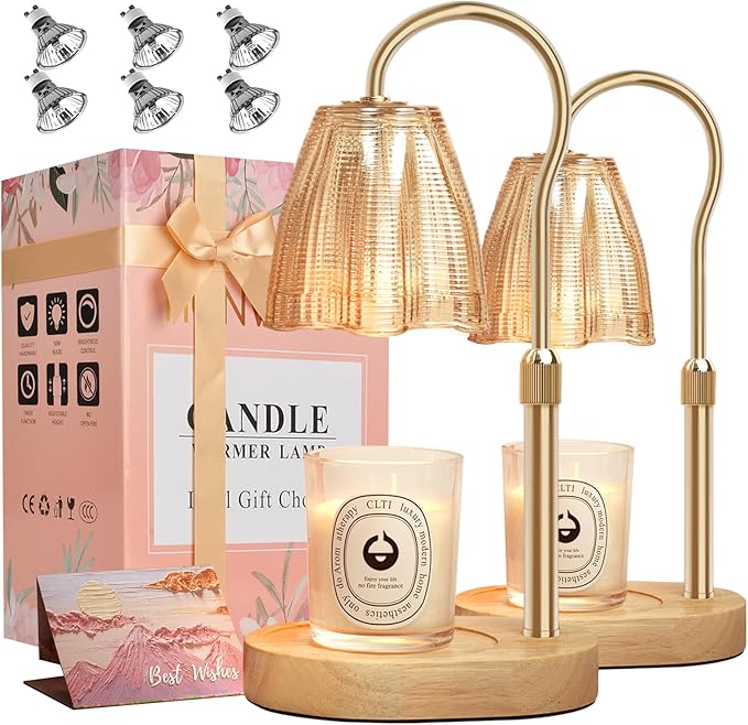 Candle Warmer Lamp with Timer & Dimmer, Candle Warmer Height Adjustable, Fits All Jar Scented Candles, Candle Lamp with 3 Bulbs, Charming Gift Box with Ribbon for Gifting(2 Pack)