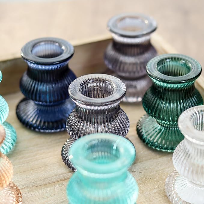 WDHODEC Christmas Taper Candle Holders 12PCS Glass Candlestick Holders for Table Centerpiece Colorful Candle Sticks for Wedding, Party and Winter Decoration(Blue&Green)
