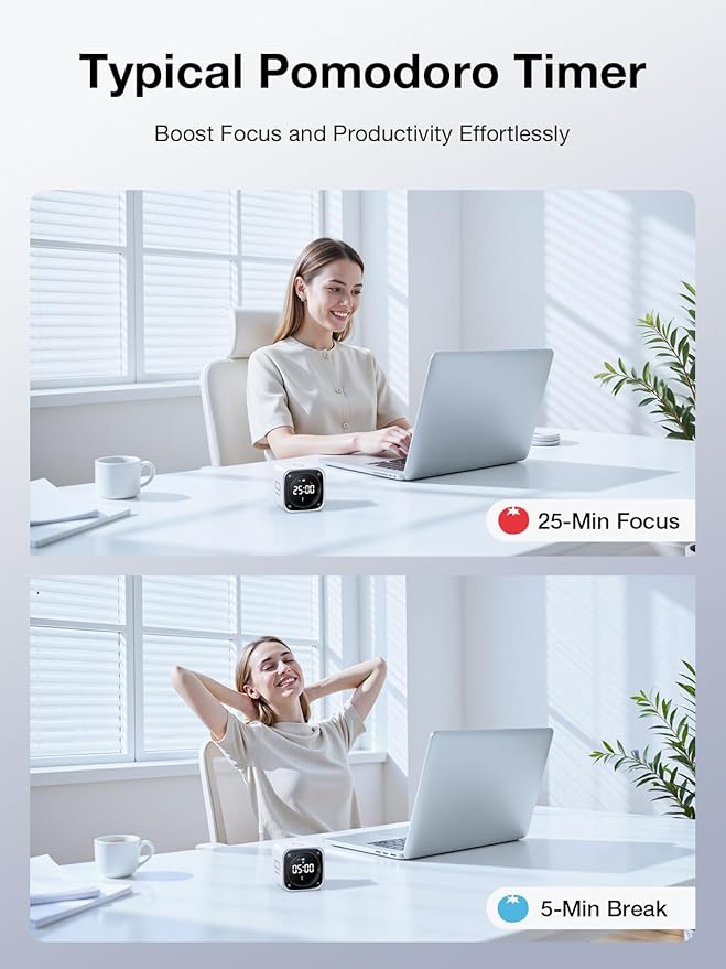 TK3 Pomodoro Timer Cube, Desk Productivity Timer with 5/10/30/60 Min Presets, Custom Countdown, Stopwatch, Clock, 3 Alarm, Silent, Vibrate & Sound Alert, for Task, ADHD, Study, Kitchen, White