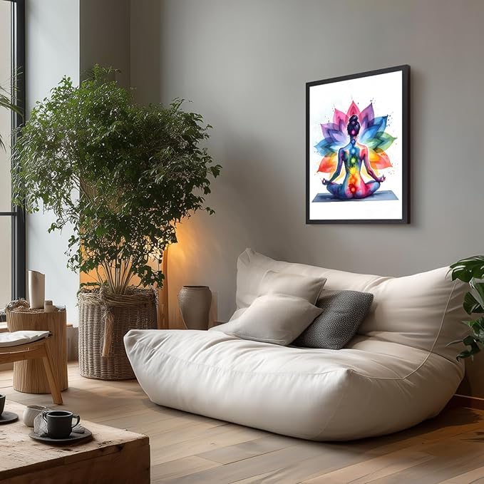 GELDSTEI Wood Framed Zen Wall Art, Chakra Yoga Wall Decor, Colorful Meditation Poster Print, Spiritual Canvas Painting, Vibrant Meditating Woman Aesthetic Picture for Living Room Yoga Studio 16"x24"