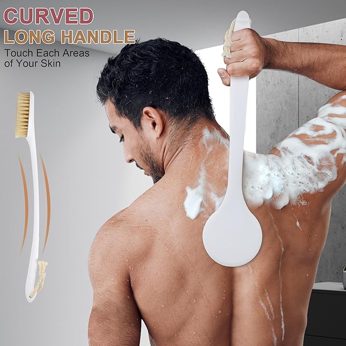 OWIIZI Back Scrubber for Shower with Natural Bristles Anti Slip Bath Brushes Long Handle Antiskid Shower Body Scrubber for Wet or Dry Exfoliating Back Scrub Deep Cleanse