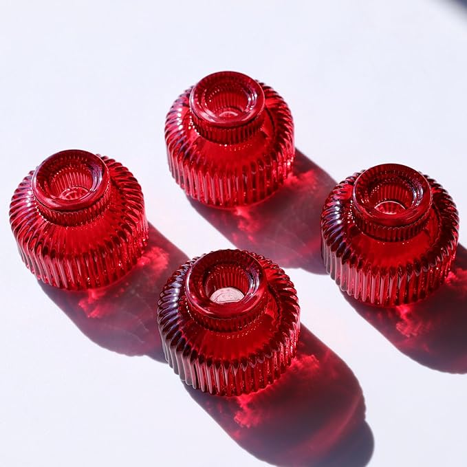 Woho Red Taper Candle Holders Set of 4 for Christmas Decorations, Reversible Ribbed Glass Candlestick Holders for Wedding Table, Vintage Candle Sticks Holder Decor for Valentines Day Decor