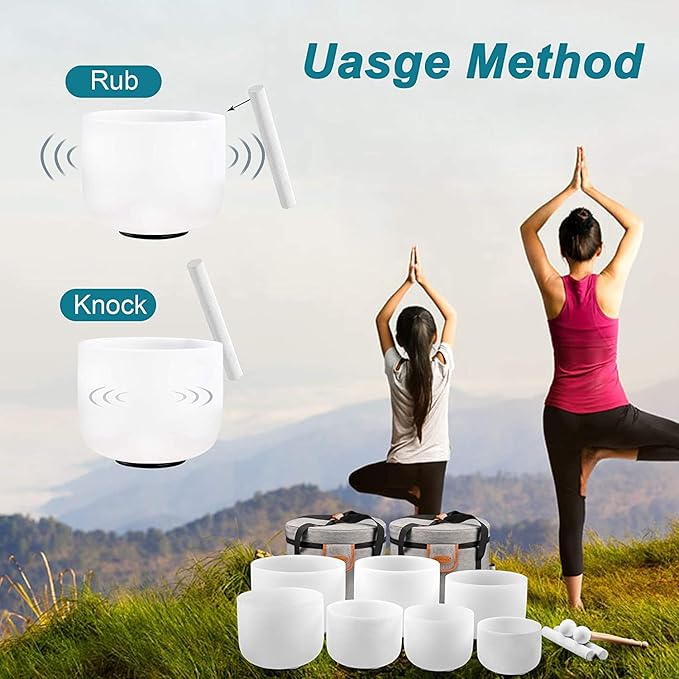 RYAN DVAN 432 hz 7-12 Inch Set of 7 Chakra Symbol Design Frosted Quartz Crystal Singing Bowl Set with Free 2 pcs Carrying Case