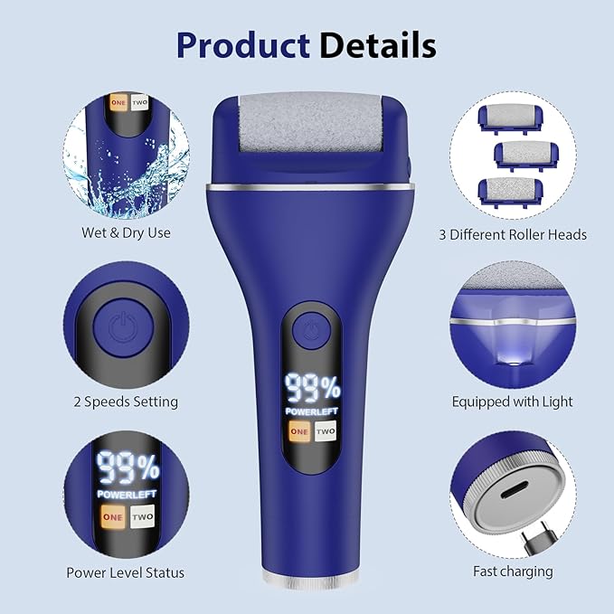 Electric Callus Remover for Feet, Rechargeable Portable Electronic Foot Callus Remover 2-in-1 Wet/Dry Foot Scrubber Electric Toot File for Hard Cracked Dry Dead Skin(Blue)