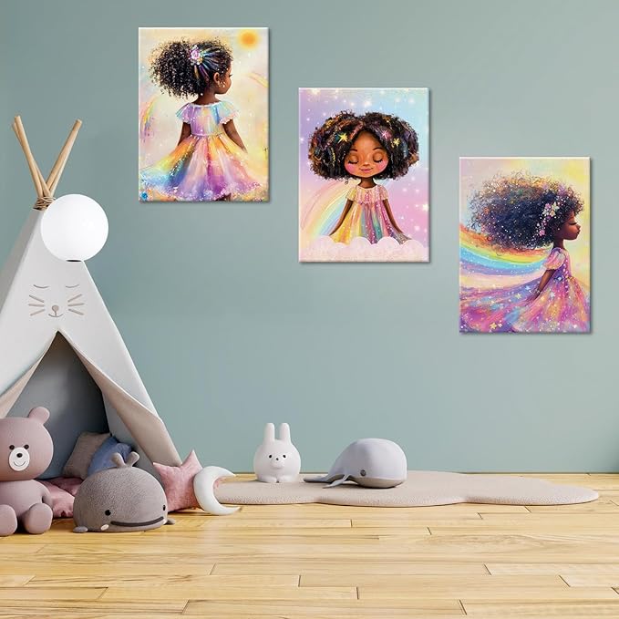Black Girl Princess Wall Art, Rainbow Hair Girl Painting,Cute Afro Girls Art,Cute Black Girl Nursery Art,Whimsical Rainbow Art Print Set Poster,Black Kids Canvas Prints,Framed12 x 16inches X3piece