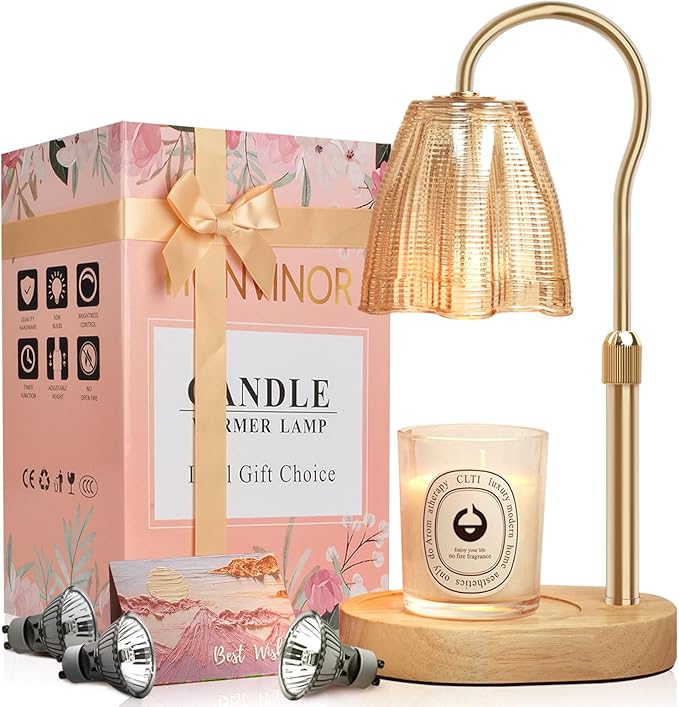 Candle Warmer Lamp with Timer & Dimmer, Candle Warmer Height Adjustable, Fits All Jar Scented Candles, Candle Lamp with 3 Bulbs, Charming Gift Box with Ribbon for Gifting
