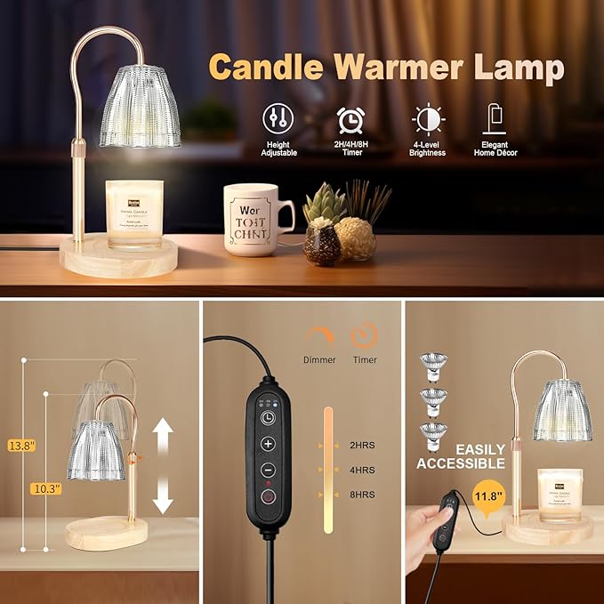 Candle Warmer Lamp with Timer & Dimmer, Candle Warmer Height Adjustable, Fits All Jar Scented Candles, Candle Lamp with 3 Bulbs, Charming Gift for Home Decor