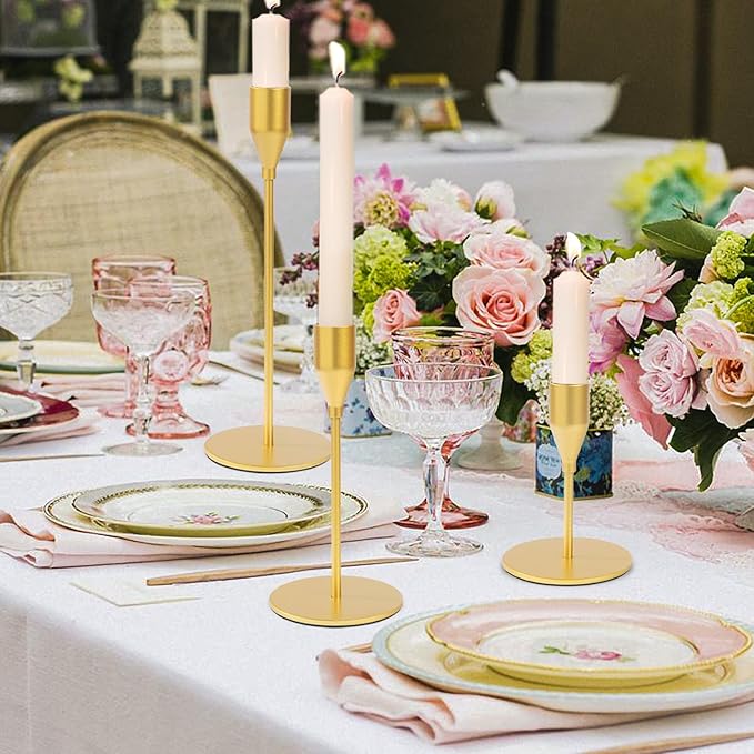 Matte Gold Candle Holders Bulk Painted Gold Metal Candlesticks Fit 0.8 Inch Taper Candles Decorative Metal Candelabra for Wedding Home Holiday Anniversary Party Dinning Table Decors (Set of 6)